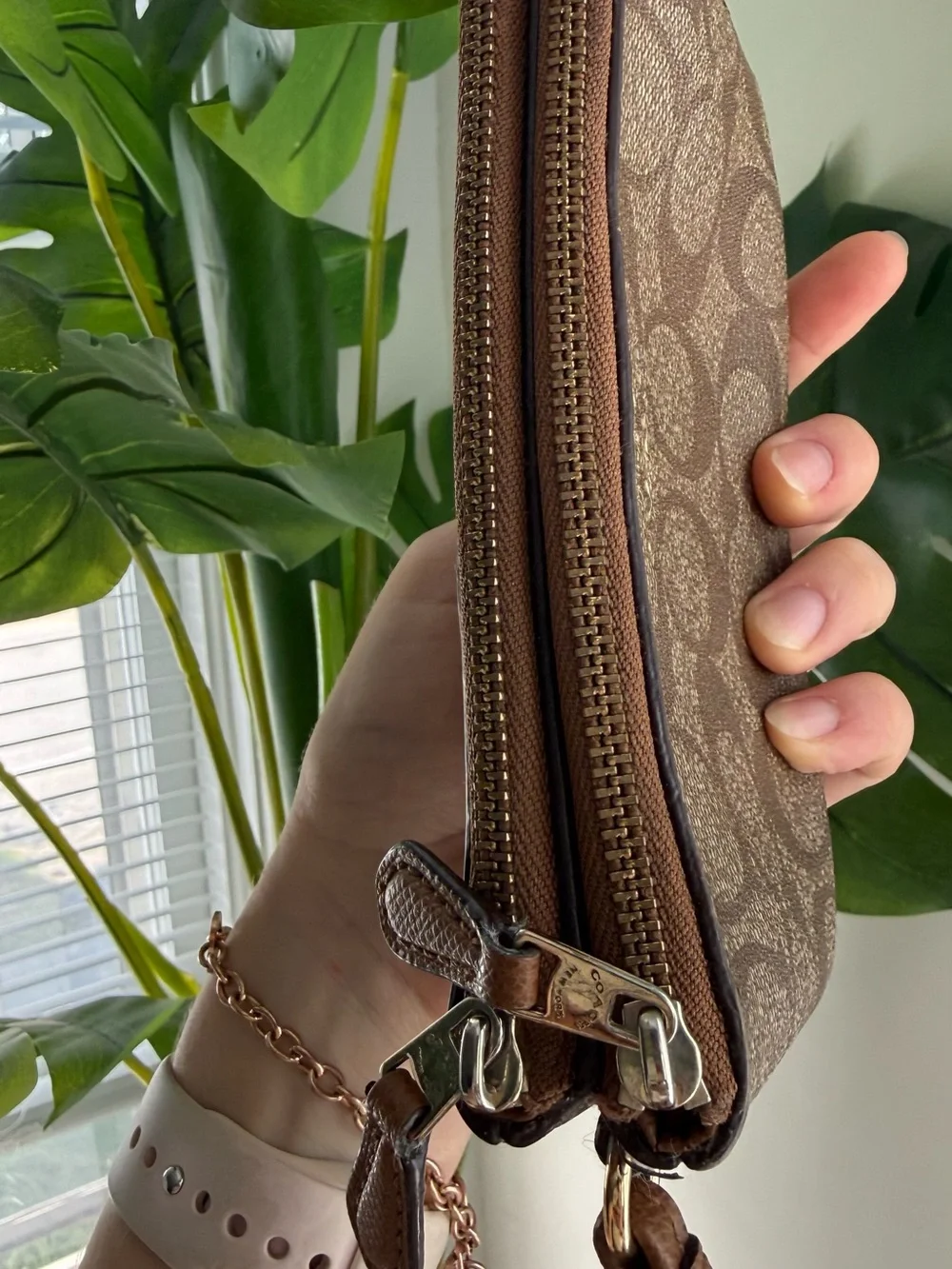 Coach Brown Signature Zip Wristlet with Wrist Strap